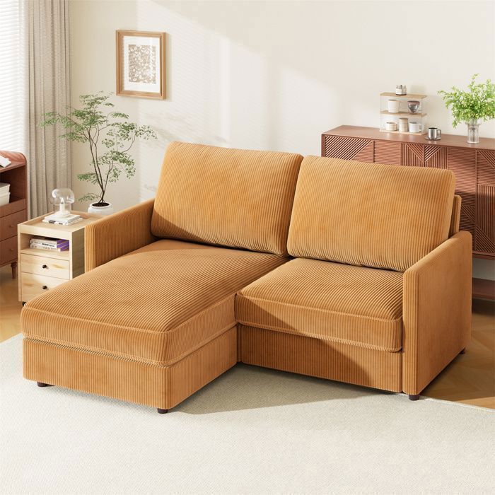 Canapé d'angle réversible 3 Places en velours côtelé jaune,Canapé confortable en forme de L pour le salon,180×137×84cm