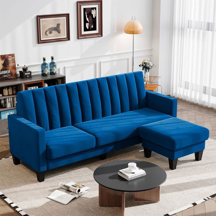 Canapé d'angle réversible 3 places en velours Bleu,Canapé Moderne avec Ottoman Repose-Pieds amovible pour le salon,208cm×140cm×85cm