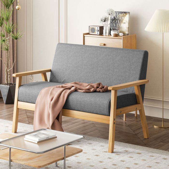 Canapé 2 Places en Tissu Lin,Fauteuil Salon Scandinave Moderne pour Bureau,Appartement,Chambre,Pieds en Bois Massif,Beige