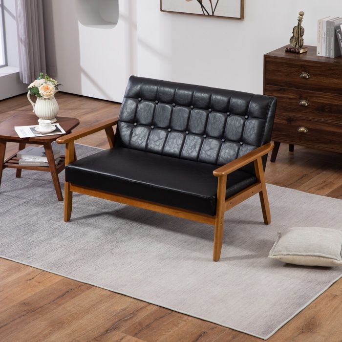 Canapé 2 Places avec Revêtement en éponge,Style Industriel，Fauteuil en Bois Massif pour le salon la chambre le bureau