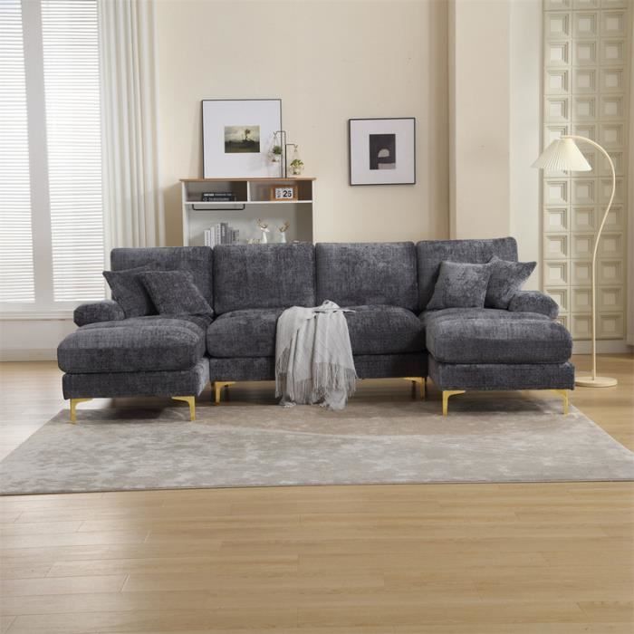 Canapé d'angle - Moderne - 4 places - Tissu chenille - Réversible - Gris