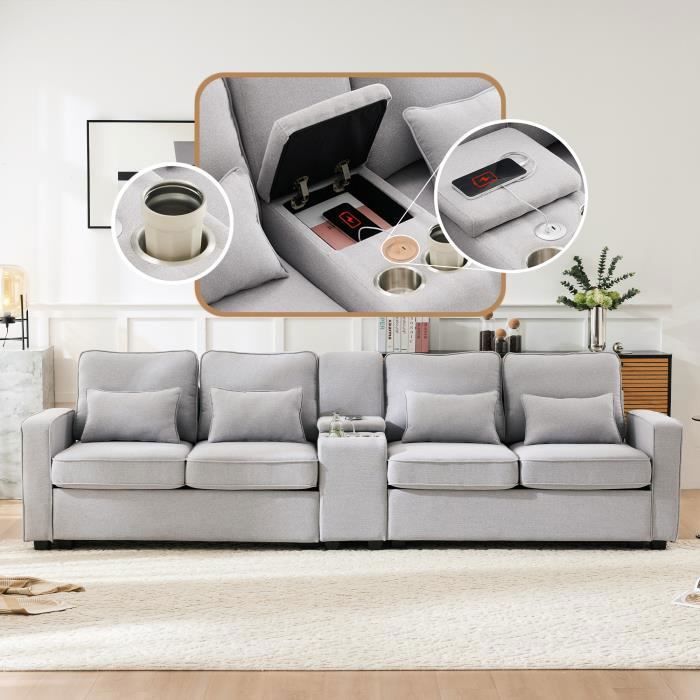 Canapé 4 places - DREAMMESPACE - Modèle avec console - Tissu lin gris clair - 2 porte-gobelets - 2 ports USB