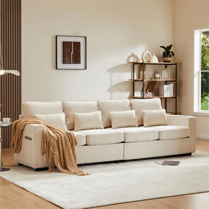 Canapé 4 places - DREAMMESPACE - Modèle contemporain - Tissu lin - Beige - Accoudoirs inclus