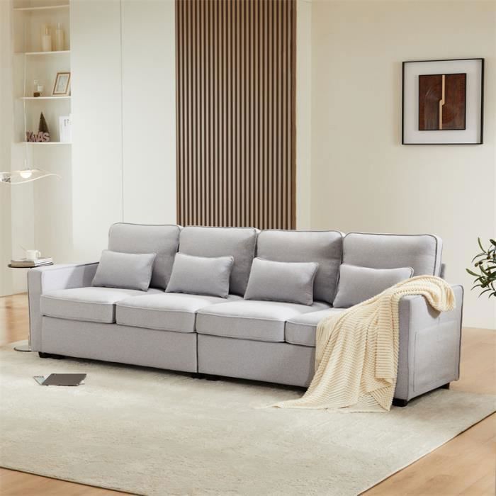 Canapé 4 places - Non spécifié - Lin - Gris clair - Style contemporain - Avec coussins et poches d'accoudoir