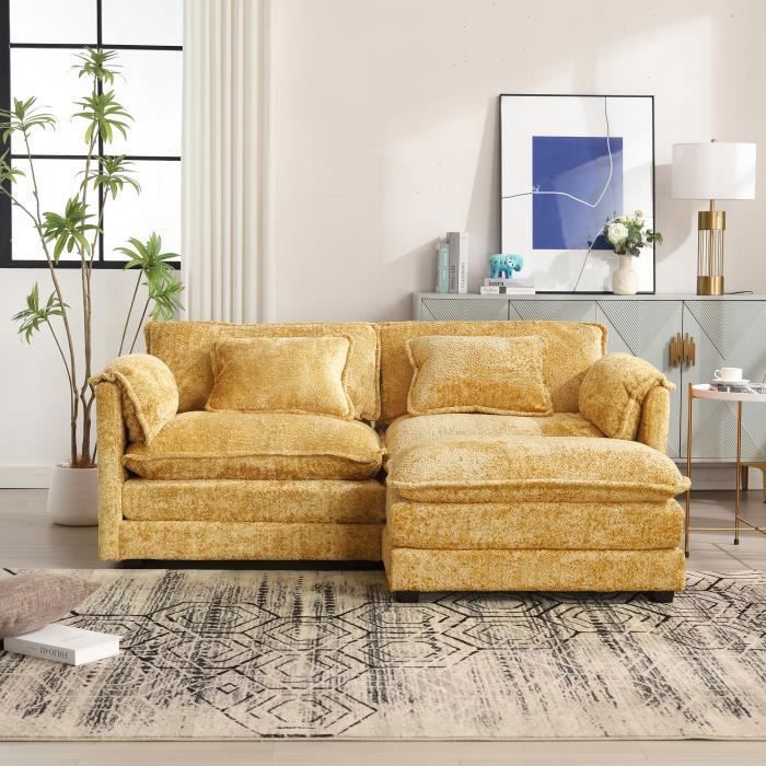 Canapé 2 places 195x75x81cm - Canapé en forme de L avec repose-pieds, rangements latéraux et coussins - en chenille jaune