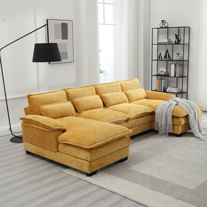 Canapé d'angle 4 places, 261x134x82cm, Grand canapé en forme de U avec 4 coussins, en tissu boucle, jaune