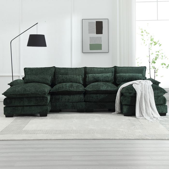 Canapé d'angle 4 places, 261x134x82cm, Grand canapé en forme de U avec 4 coussins, en tissu boucle, vert