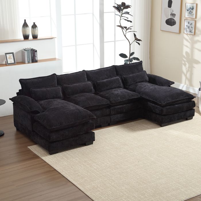 Canapé d'angle 4 places, 261x134x82cm, Grand canapé en forme de U avec 4 coussins, en tissu boucle, noir