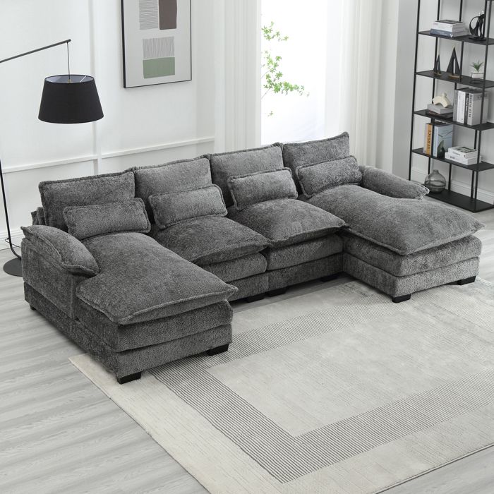 Canapé d'angle 4 places, 261x134x82cm, Grand canapé en forme de U avec 4 coussins, en tissu boucle, gris