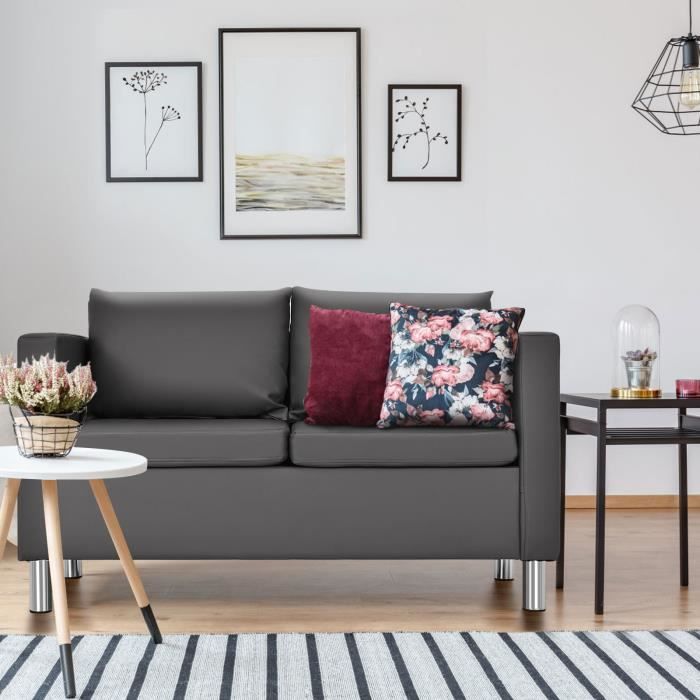 DREAMADE Canapé 2 Places Simili Cuir Lisse avec Coussin de Siège Confortable, Cadre en Bois&Pieds en Métal, pour Salon Bureau,Gris