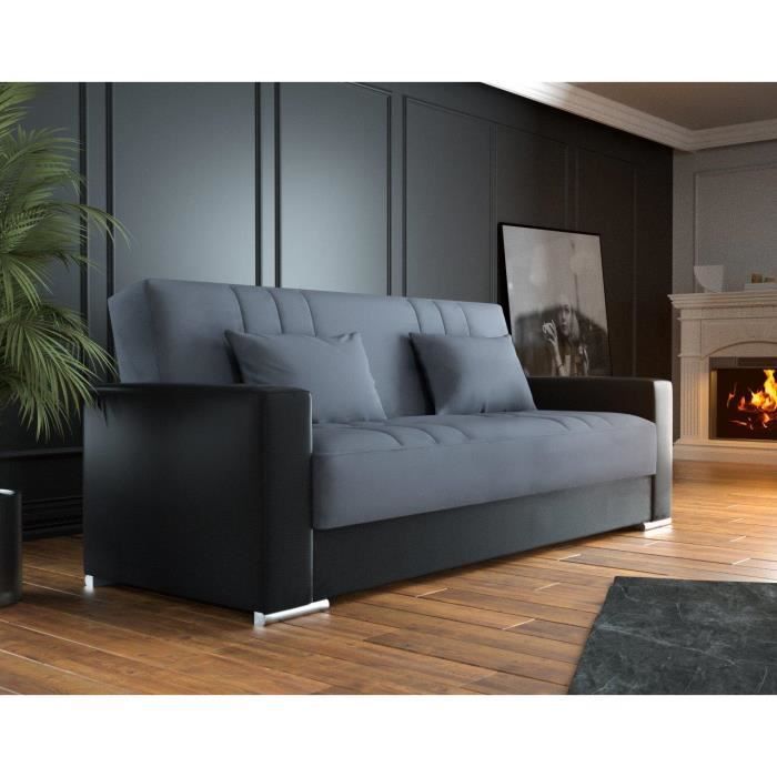 Canapé-lit conteneur 3 places DMORA - Noir et gris - Simili cuir - 230x96x101h cm