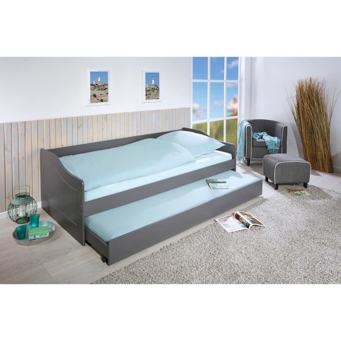 Dmora Canapé-lit avec lit gigogne, en pin teinté gris, 97x208x62 cm