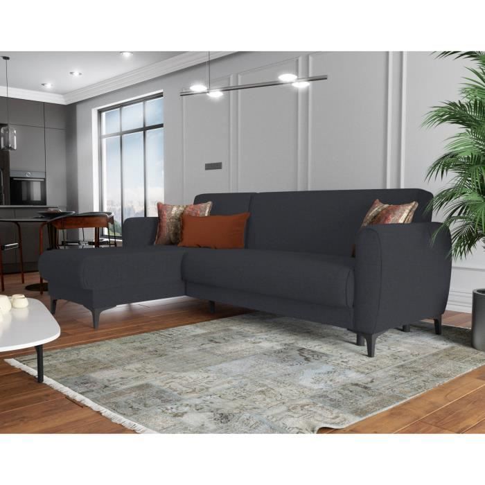 Dmora Canapé Dabazo, Canapé d'angle avec péninsule réversible avec chaise longue et 3 coussins, 230x153h85 cm, Bleu