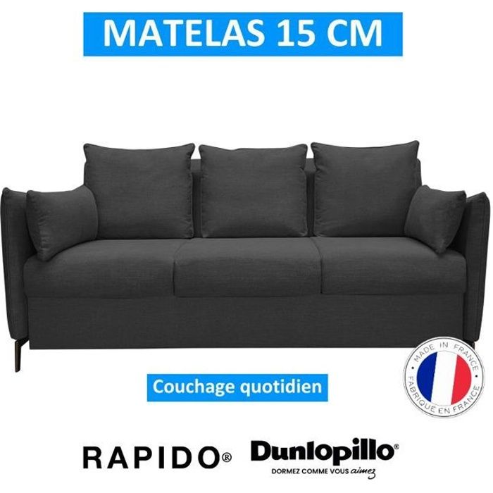 PICCOLO Canapé Rapido convertible 3 places noir matelas Dunlopillo 140cm