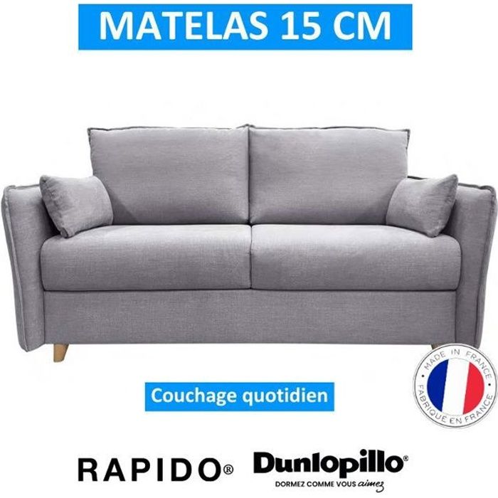 OLYMPE Canapé Rapido convertible 3 places gris clair matelas Dunlopillo 140cm