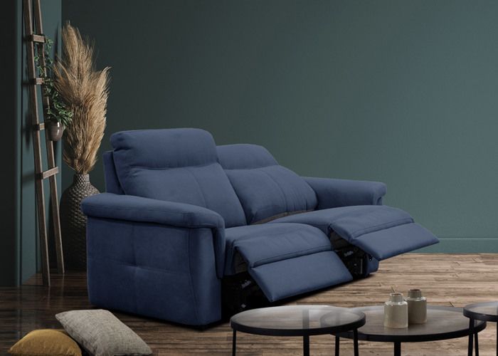 Canapé droit XXL 3 places tissu bleu avec relax électrique - JONES