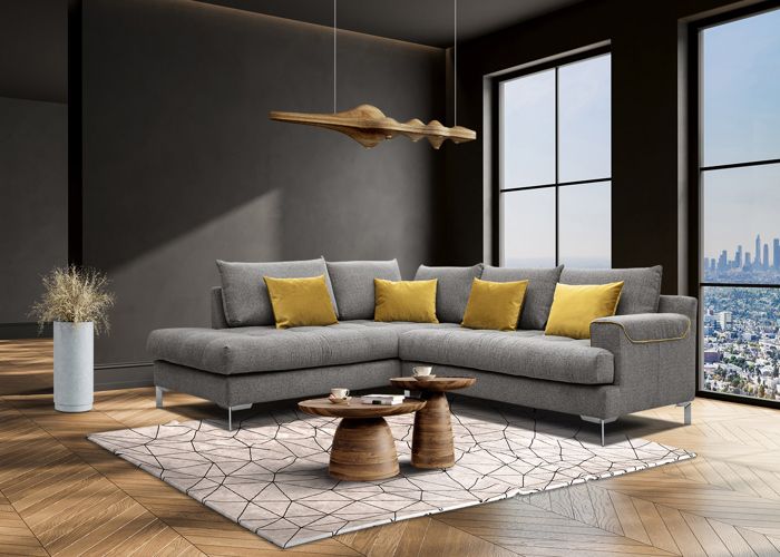 Canapé d'angle gauche 5 places tissu graphite et jaune - BERRY