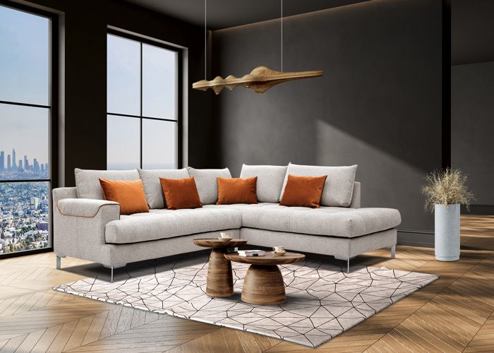 Canapé d'angle droit 5 places tissu gris clair et marron  - BERRY