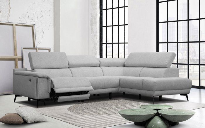 Canapé d'angle droit 4 places avec un relax électrique tissu gris - Matera