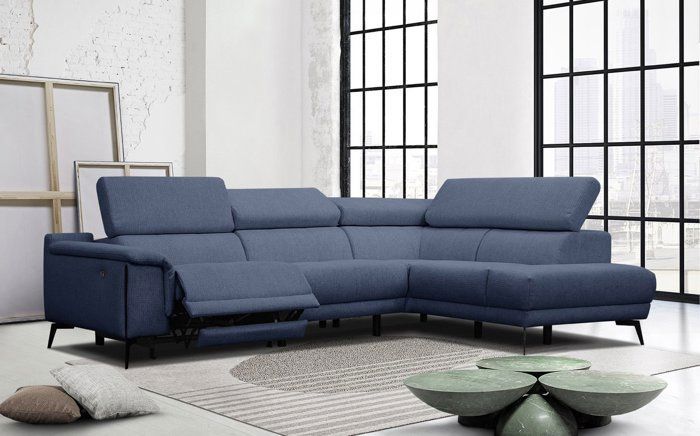 Canapé d'angle droit 4 places relax électrique tissu bleu foncé - Matera - Courtois Laville