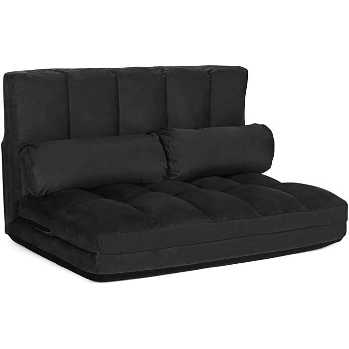 COSTWAY Canapé Lit / Chauffeuse Convertible, Dossier Réglable 6 Positions, 2 Coussins, Tissu Aspect Suédé Détachable et Lavable Noir