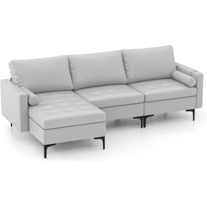 COSTWAY Canapé d'Angle 3-4 Places, en Cuir Aérien avec 2 Ports USB, Gauche ou Droite, 3 Coussins, 240 x 130 x 80 CM Gris