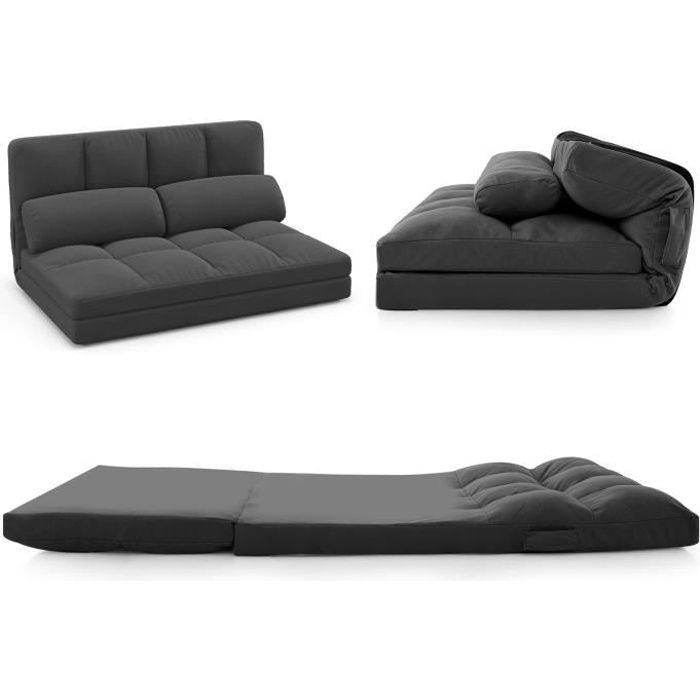 Canapé-Lit Convertible - COSTWAY -en Velours Pliable, Dossier Réglable à 6 Niveaux avec 2 Coussins Gris Foncé