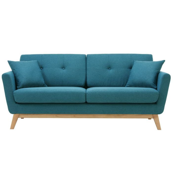 HOGA - Canapé scandinave 3 places et 2 coussins bleu canard