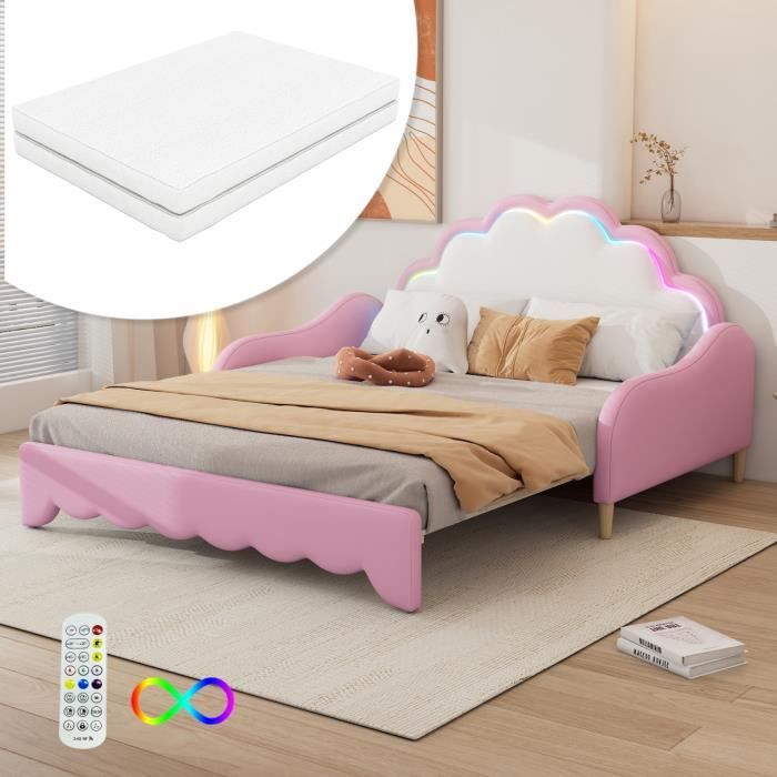 COMANLAI Canapé-lit de 140 * 200 cm, convertible en lit plat, tête de lit avec lumière ambiante, avec matelas, télécommande, rose