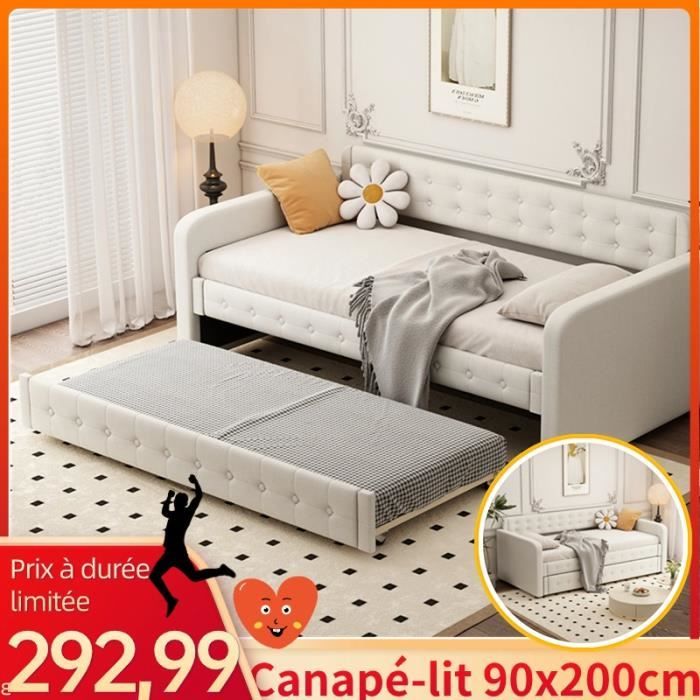 COMANLAI Canapé-lit, banquette-lit,lit simple,avec lit gigogne gigogne, grand espace de rangement - 90x200 cm- beige - sans matelas