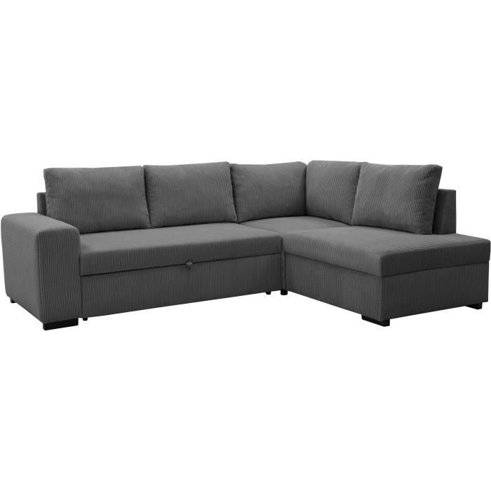 Canapé d'angle convertible réversible NIRVANA 4 à 5 places - Tissu velours côtelé anthracite - Coffre de rangement - L247 x P 183 x