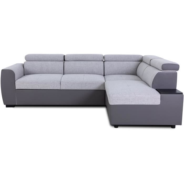 Canapé d'angle convertible réversible - 4/5 places - KELIO - Simili Anthracite / Tissu Gris - 3 tétières - 245 x 184 x 77/87 cm
