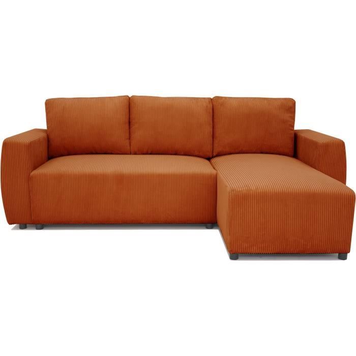 Canapé d'angle convertible 3 à 4 places PHARELL - Tissu velours cotelé terracotta - Réversible - L 224 x P 155 x H 85 cm