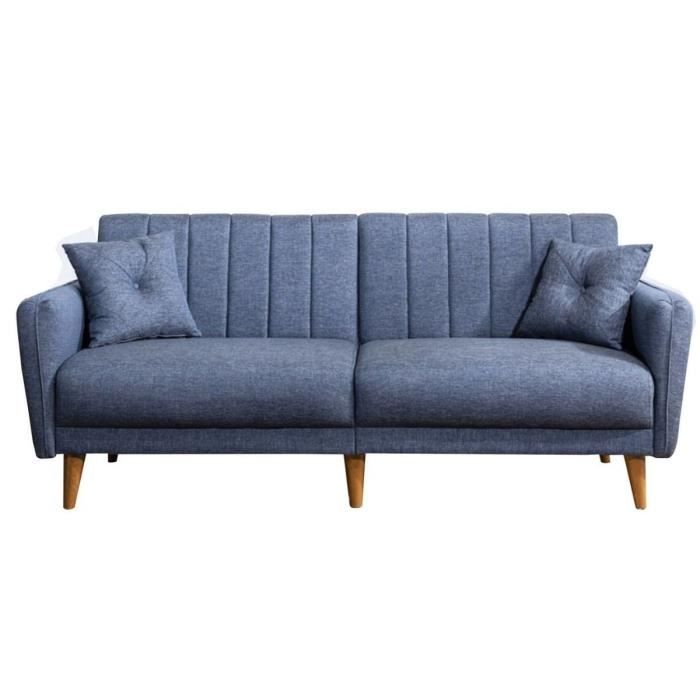 Canapé lit 3 places en lin avec 2 coussins et pieds en bois L210 cm - 210 cm X 82 cm X 85 cm - AQUA - Bleu