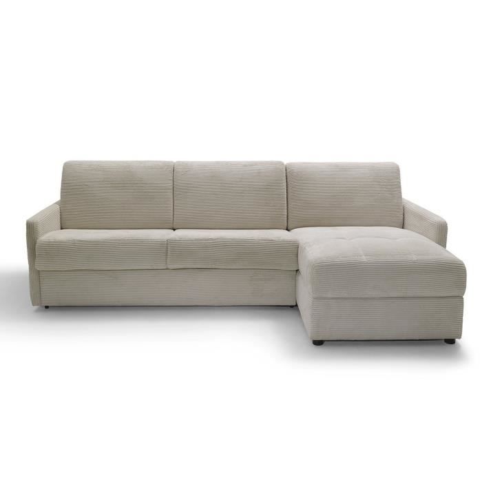 Canapé d'angle convertible 3 places en velours côtelé Ivoire - 260 cm X 150 cm X 87 cm - BELLUNO