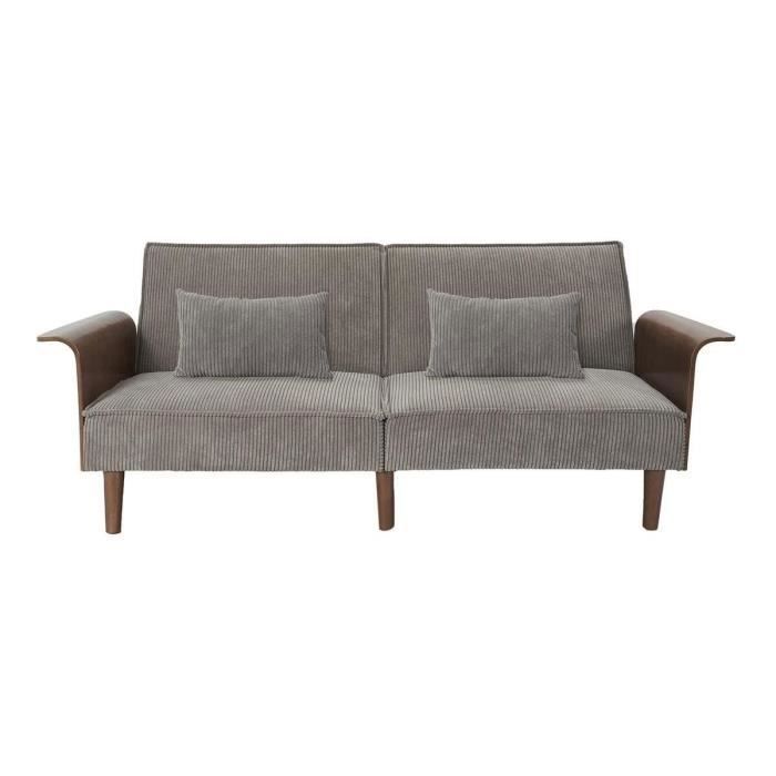 Canapé convertible en velours côtelé gris et bois L205 cm - 205 cm X 90 cm X 83 cm - Calicosy