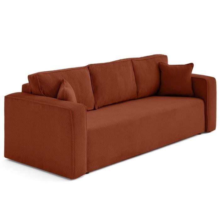 Topaze - canapé droit 3 places convertible avec coffre en velours texturé - Terracotta