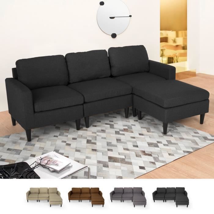 Canapé 3 places avec accoudoirs et pouf en tissu de salon moderne et élégant Steffy, Couleur: Noir