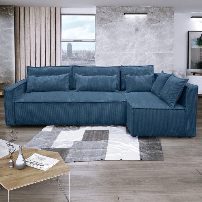 Canapé d'angle à droite 294x140x88 cm en velours côtelé bleu foncé