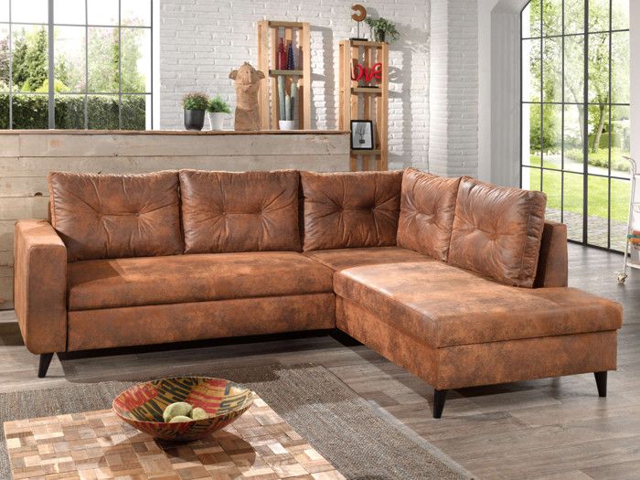 Canapé d'angle L 5 places Convertible Industriel vintage Droit Marron