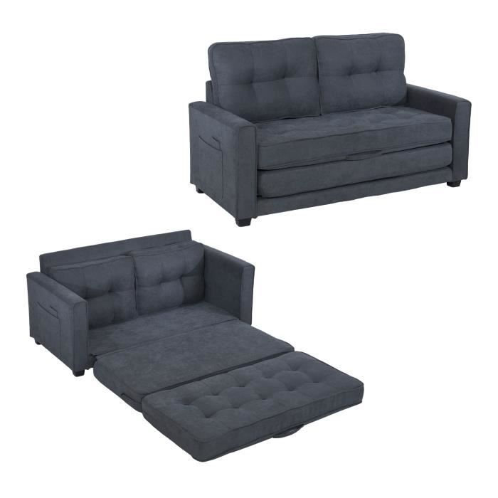 Canapé 2 personnes, canapé avec fonction couchage, canapé-lit moderne, canapé de salon, canapé avec poches latérales, canapé