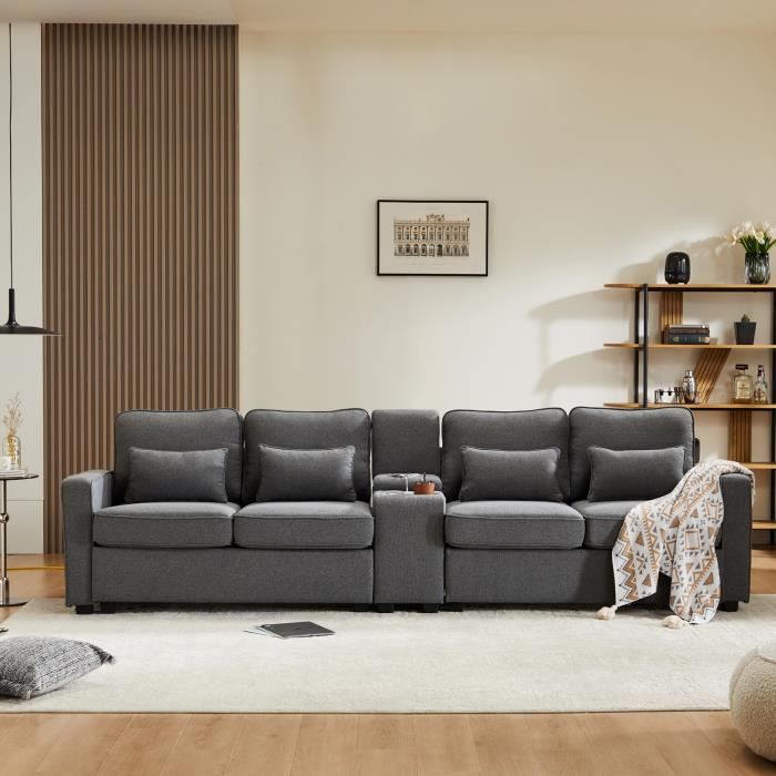 Canapé moderne 4 places en lin avec console, 2 porte-gobelets, 2 ports USB, poches pour accoudoirs et 4 coussins