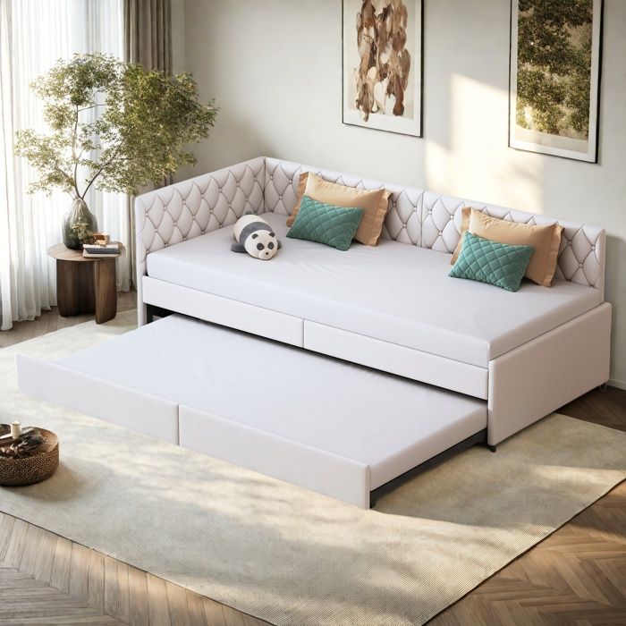 Lit de jour extensible, 90/180x200cm, cadre de lit en velours beige, lit d'appoint, lit pour jeunes, lit simple/double, sans