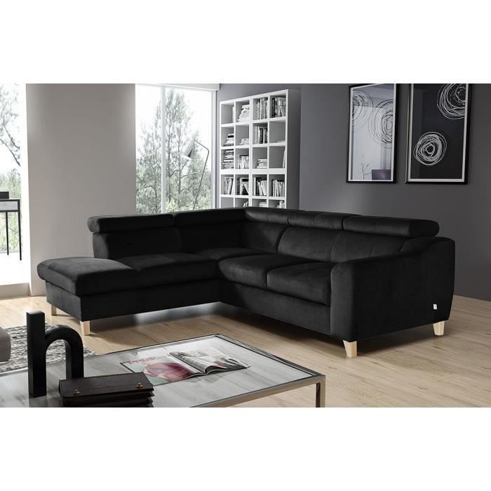 - Canapé d'angle en tissu luxe 5 places, ASHLEY, noir, angle gauche (vu de face)