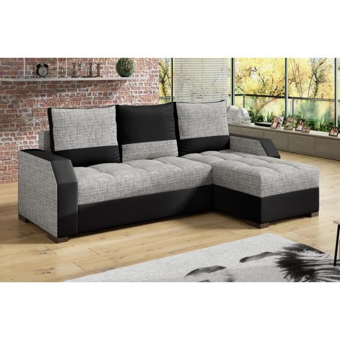 Canapé d'angle convertible, ARTE, en tissu et simili de qualité, gris et noir, 3/4 places, angle droit (vu de face)