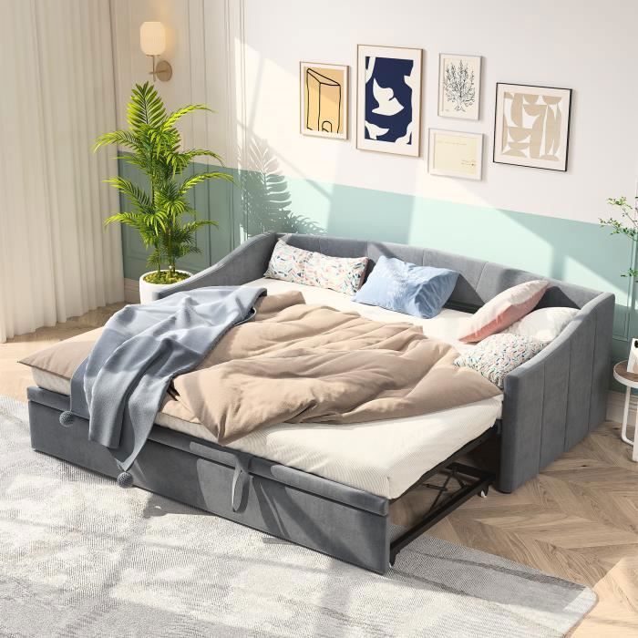 Canapé-lit gigogne capitonné 93-190X193 cm avec sommier à lattes en tissu velours gris