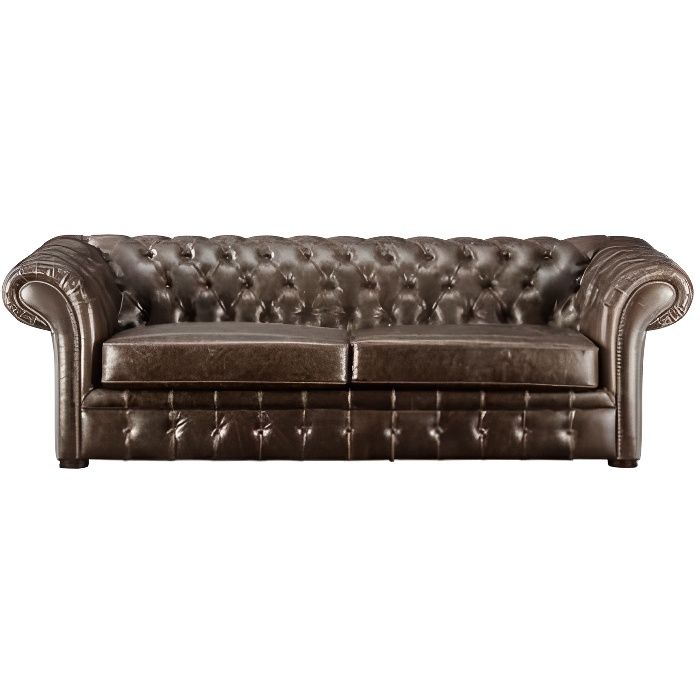 Canapé 3 places chesterfield CLOTAIRE en cuir vieilli - Marron - Fixe - 90 cm - 59 cm - Moelleux