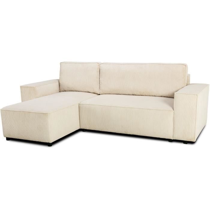 Canapé d'angle convertible réversible - 4 places - JOSH - Tissu velours cotelé Perle - Coffre - 242 x 155 x 86 cm