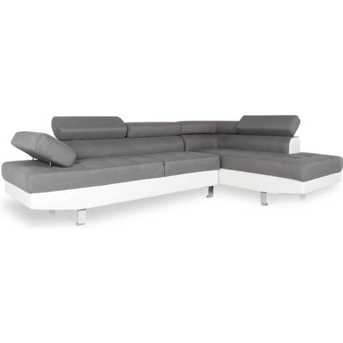 Canapé d'angle droit Charly - Gris et Blanc - Tissu/Simili