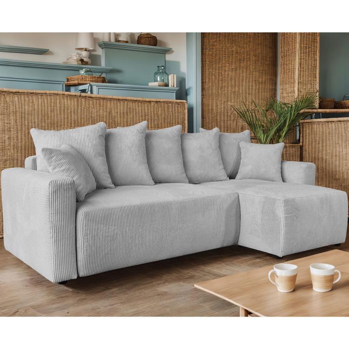 Canapé d'angle réversible 232 cm en velours côtelé gris clair - ALESIO